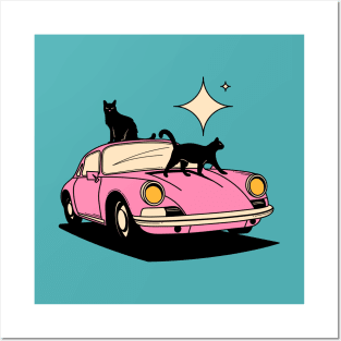 Cool Car Black Cat in blue Posters and Art